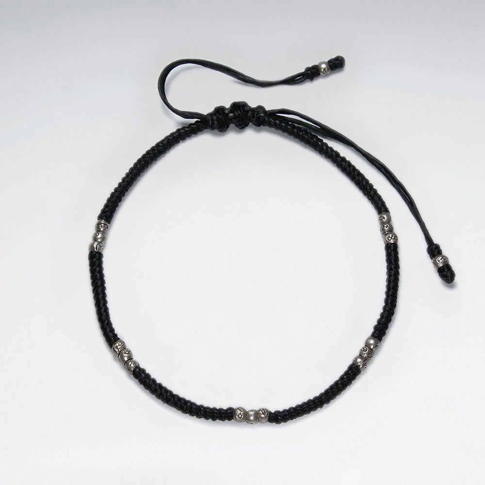 7" Adjustable Black Macrame Waxed Cotton Bracelet With Antique Hand Made Silver Beads