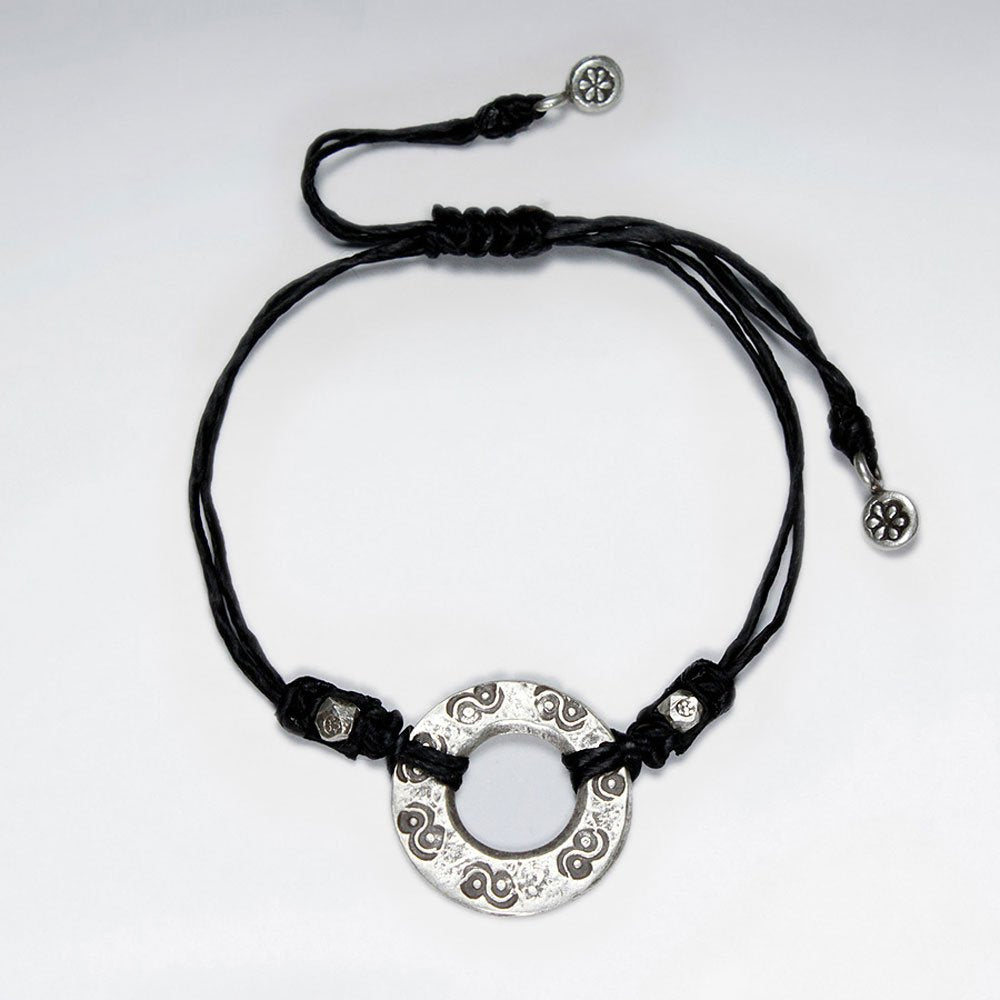 7" Adjustable Black Macrame Waxed Cotton Bracelet With Antique Hand Made Silver Open Circle Charms