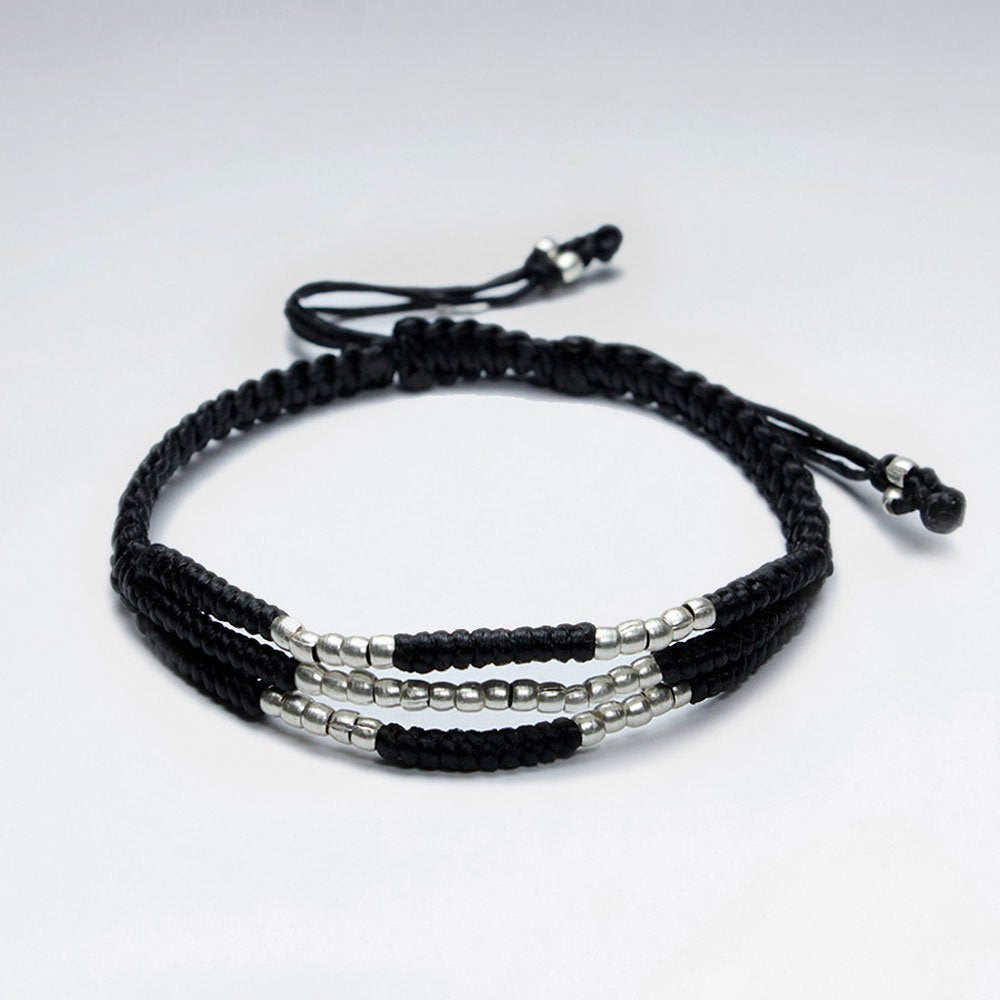 7" Adjustable Triple Strands Black Macrame Waxed Cotton Bracelet With Antique Hand Made Silver