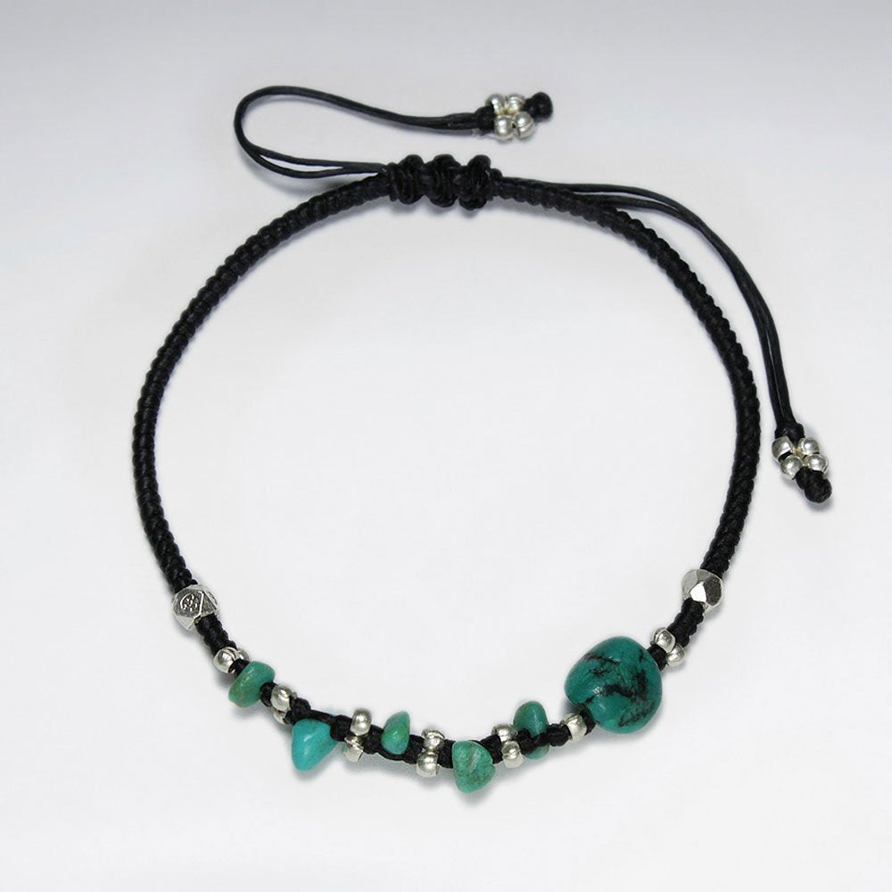 7" Adjustable Black Macrame Waxed Cotton Bracelet With Antique Hand Made Silver Beads And Turquoise