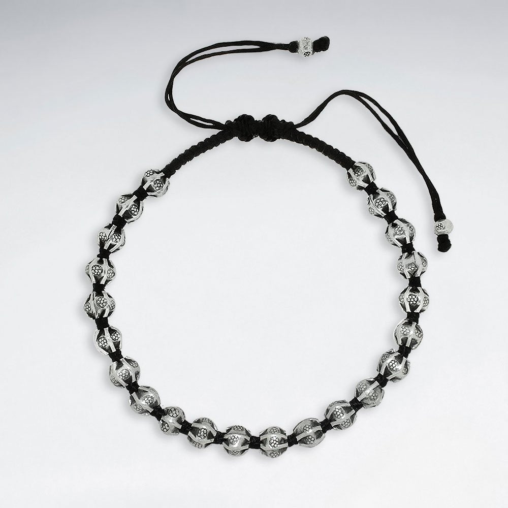 7" Adjustable Black Macrame Waxed Cotton Bracelet With Antique Hand Made Silver Nugget Beads