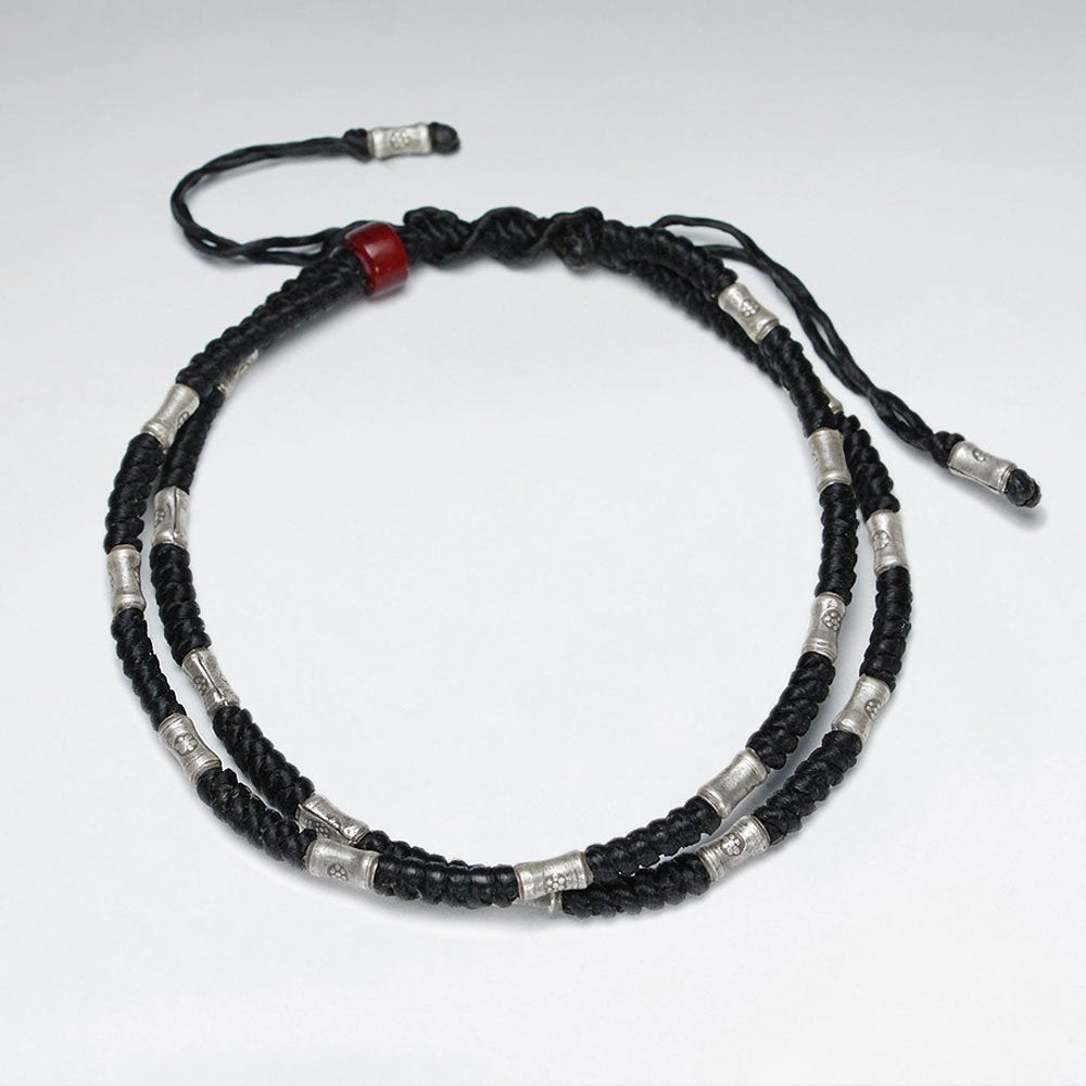 7" Adjustable Double Strands Black Macrame Waxed Cotton Bracelet With Antique Hand Made Silver Tube And Red Glass Beads