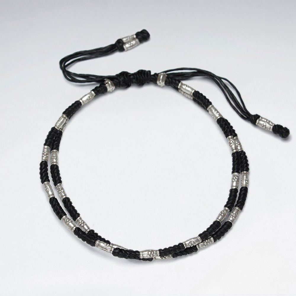 7" Adjustable Double Strands Black Macrame Waxed Cotton Bracelet With Antique Hand Made Silver Tube