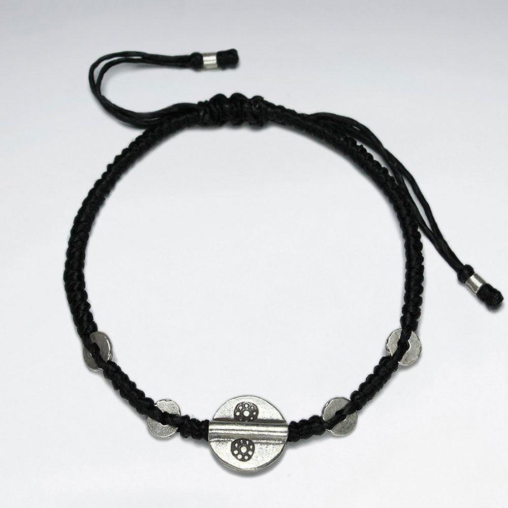 7" Adjustable Black Macrame Waxed Cotton Bracelet With Antique Hand Made Silver Round Disk Bead