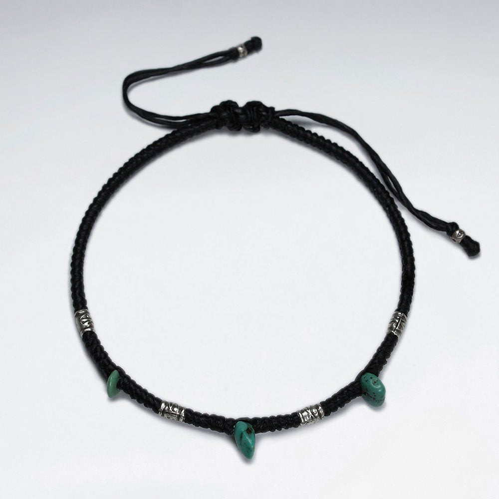 7" Adjustable Black Macrame Waxed Cotton Bracelet With Antique Hand Made Silver Tube And Turquoise