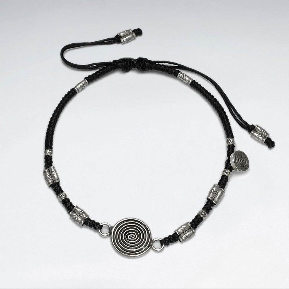 7" Adjustable Black Macrame Waxed Cotton Bracelet With Antique Hand Made Silver Spiral Beads