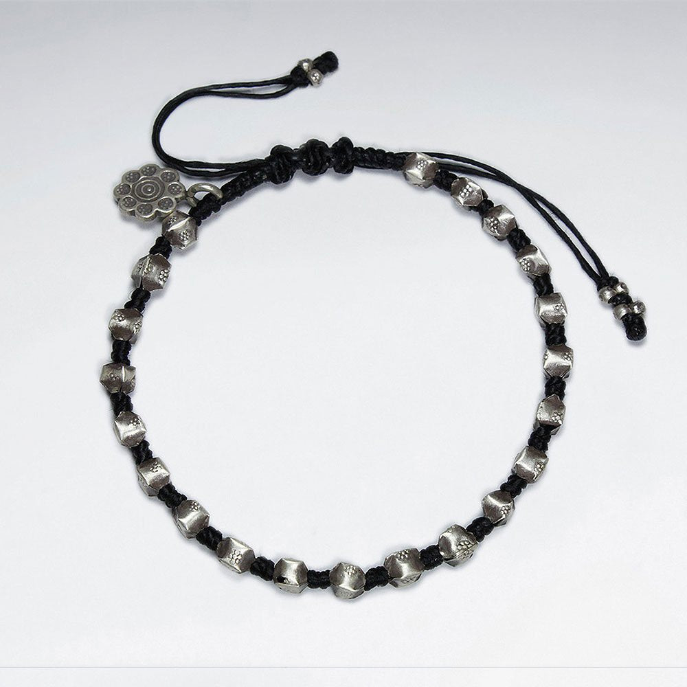 7" Adjustable Black Macrame Waxed Cotton Bracelet With Antique Hand Made Silver Nugget Bead and Flower Charms