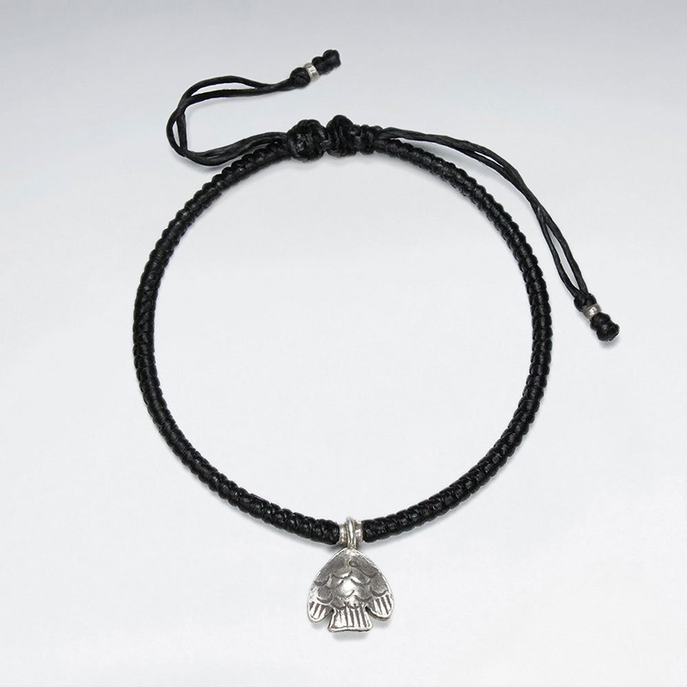 7" Adjustable Black Macrame Waxed Cotton Bracelet With Antique Hand Made Silver Fish Charm