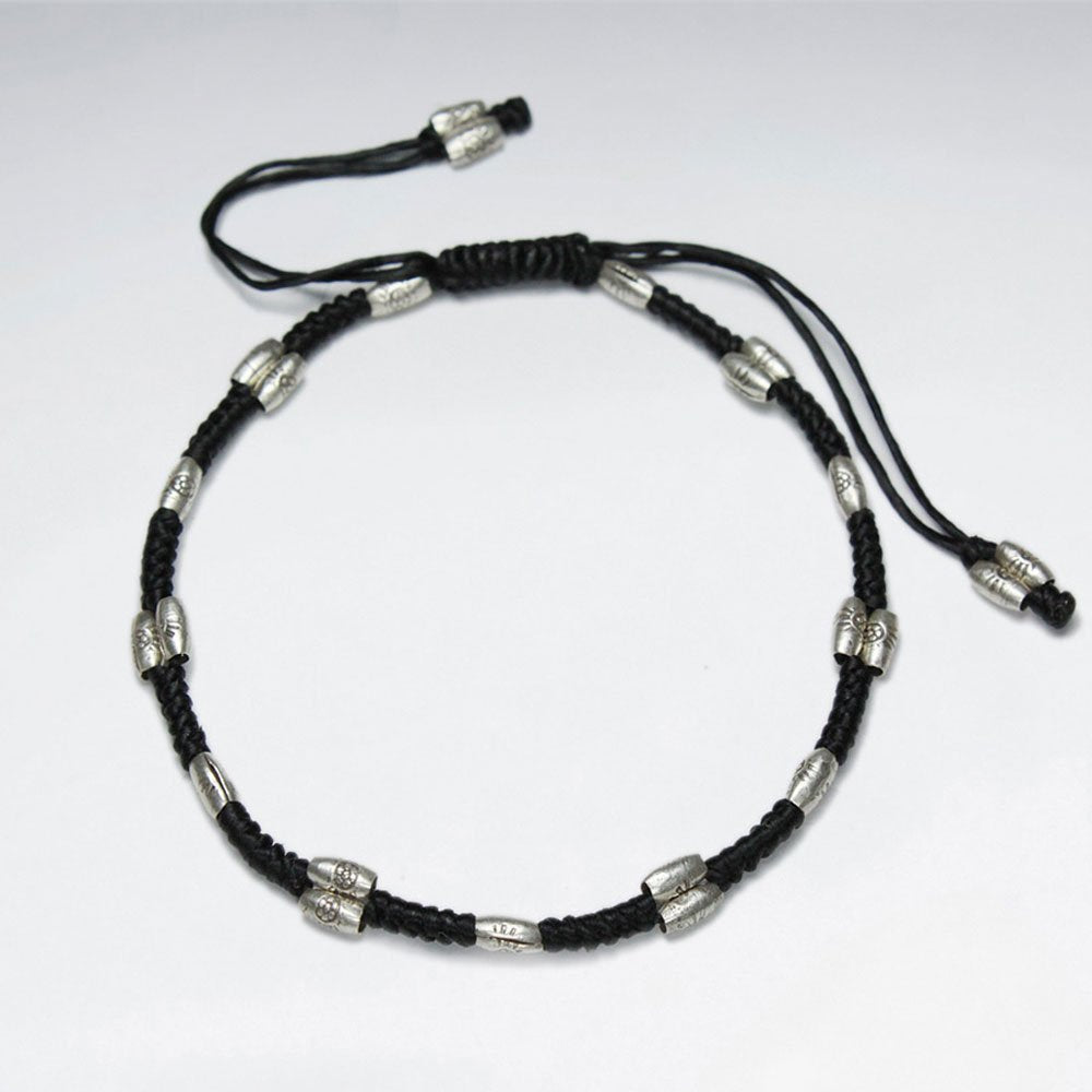 7" Adjustable Black Macrame Waxed Cotton Bracelet With Antique Hand Made Silver Tube