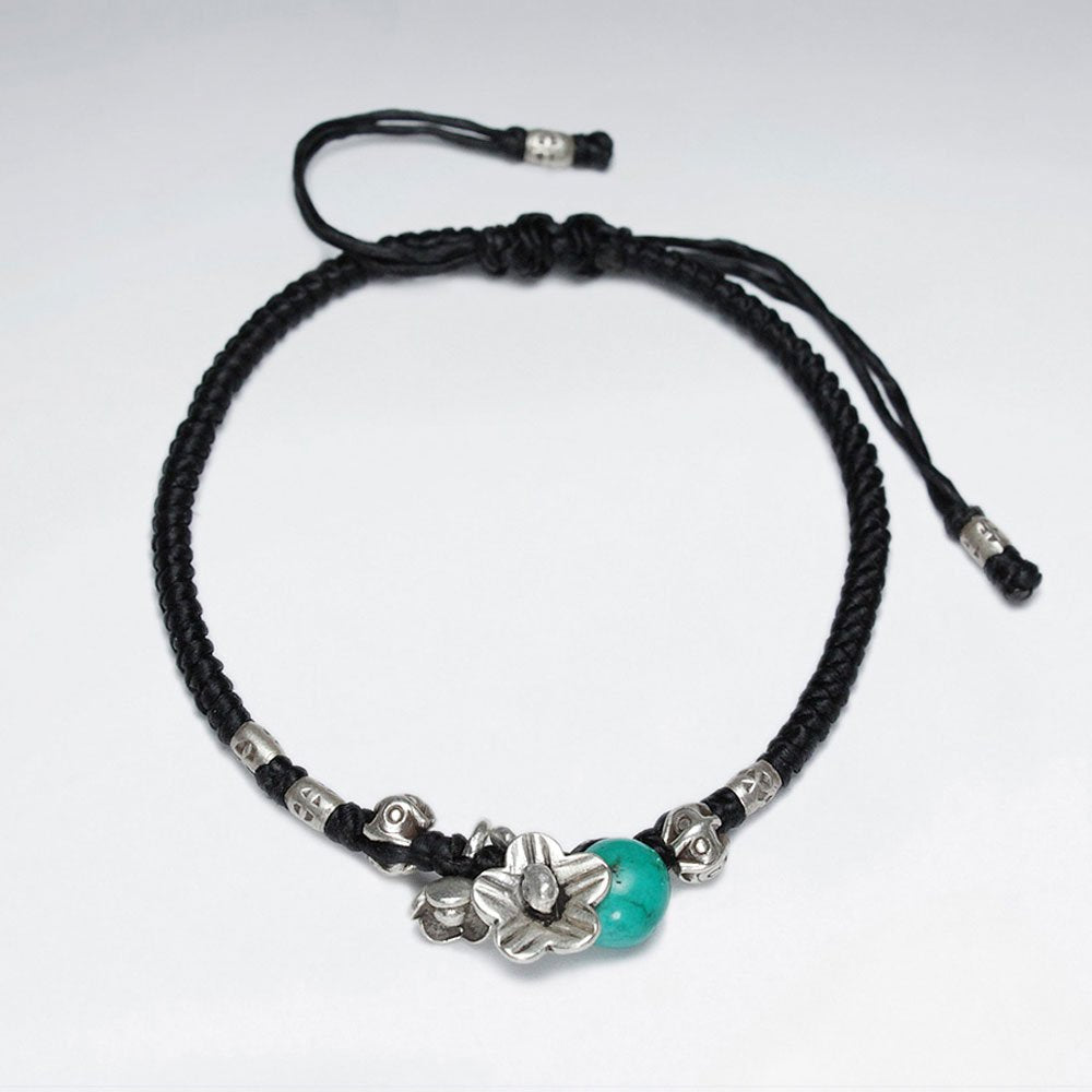 7" Adjustable Black Macrame Waxed Cotton Bracelet With Antique Hand Made Silver Flower Charm And Turquoise