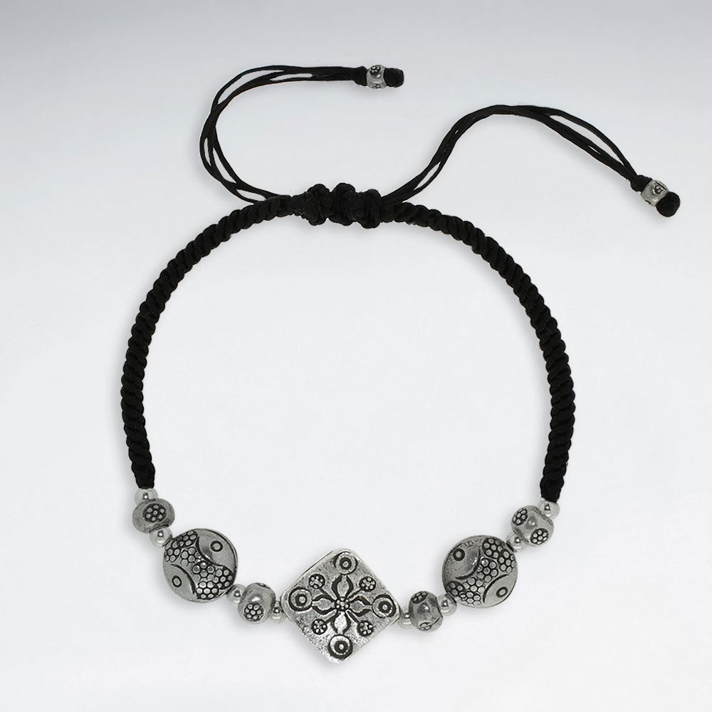 7" Adjustable Black Macrame Waxed Cotton Bracelet With Antique Handmade Silver