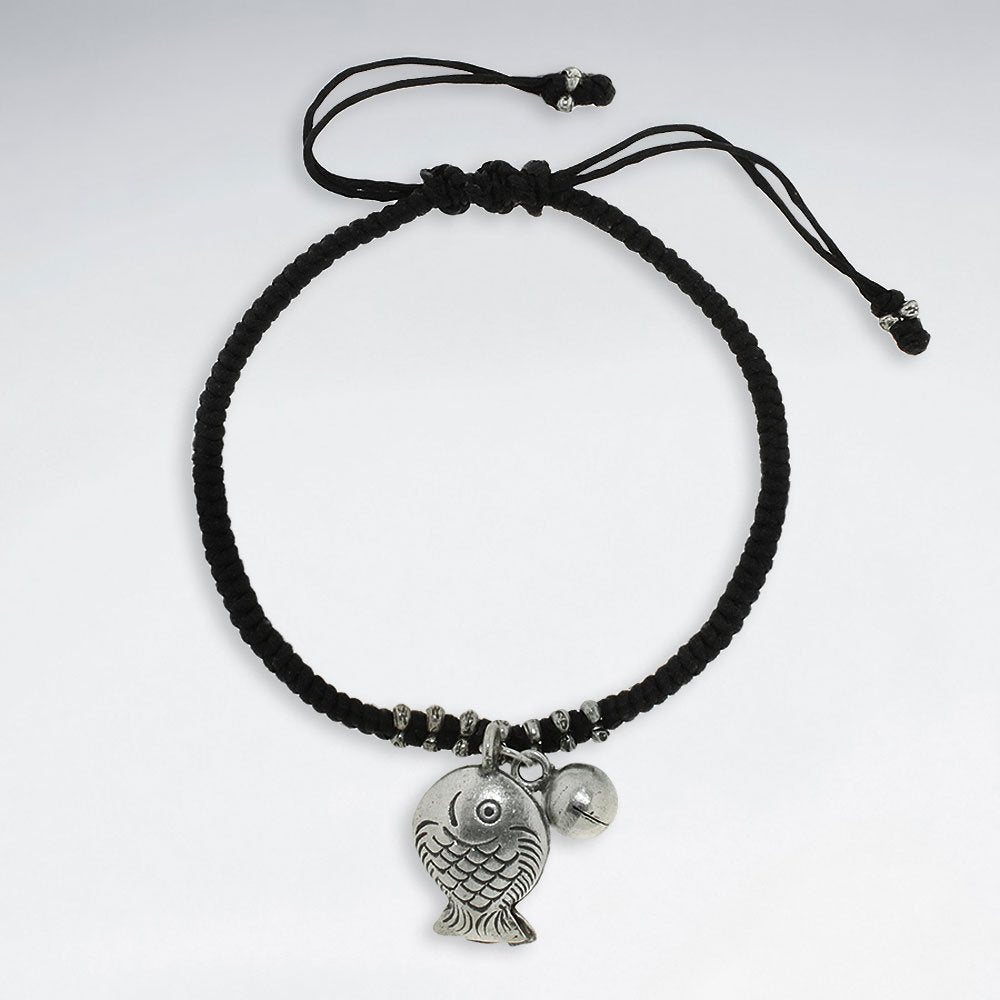 7" Adjustable Black Macrame Waxed Cotton Bracelet With Antique Handmade Silver Dangling Silver Fish Charm