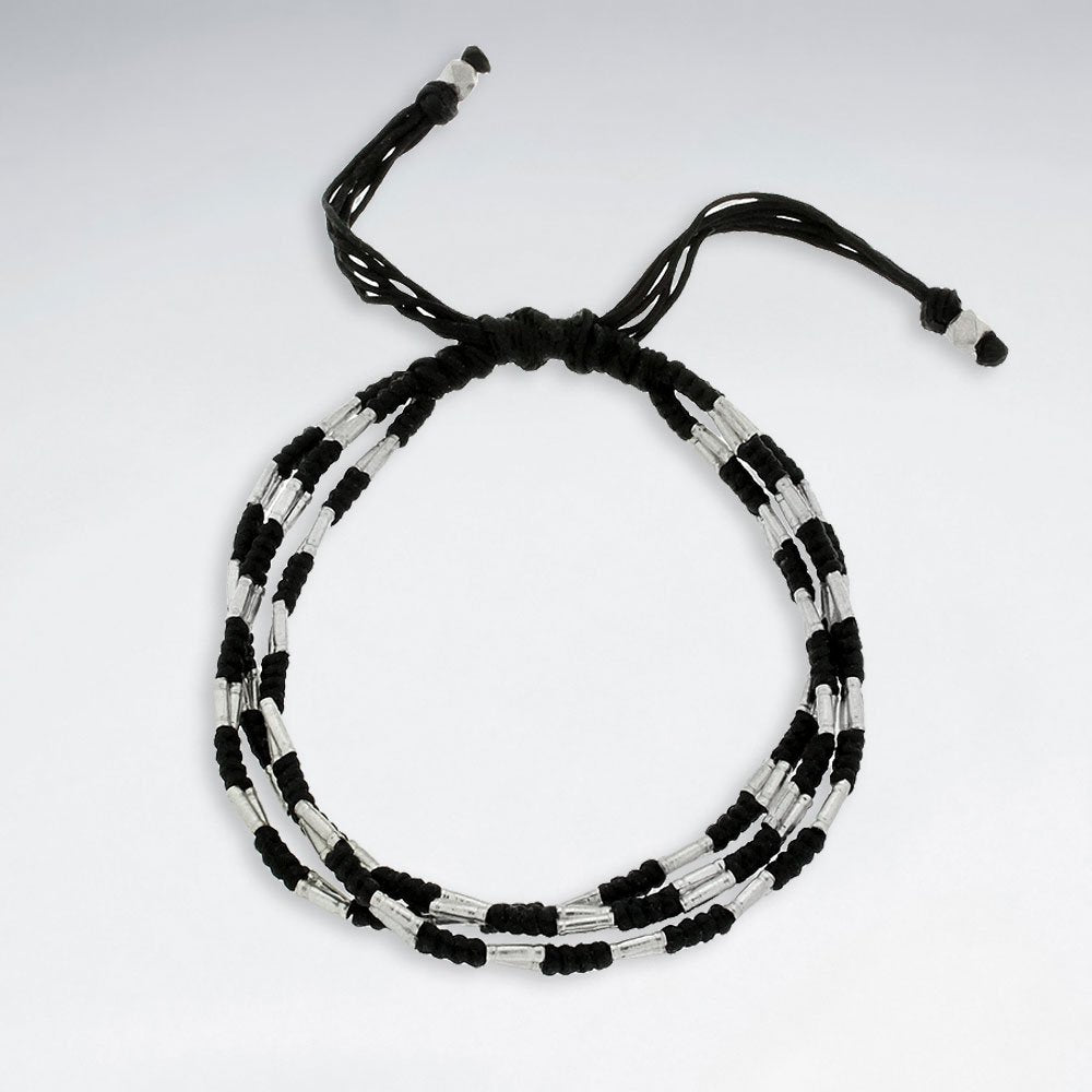 7" Adjustable Triple Strands Black Macrame Waxed Cotton Bracelet With Antique Handmade Silver Tube