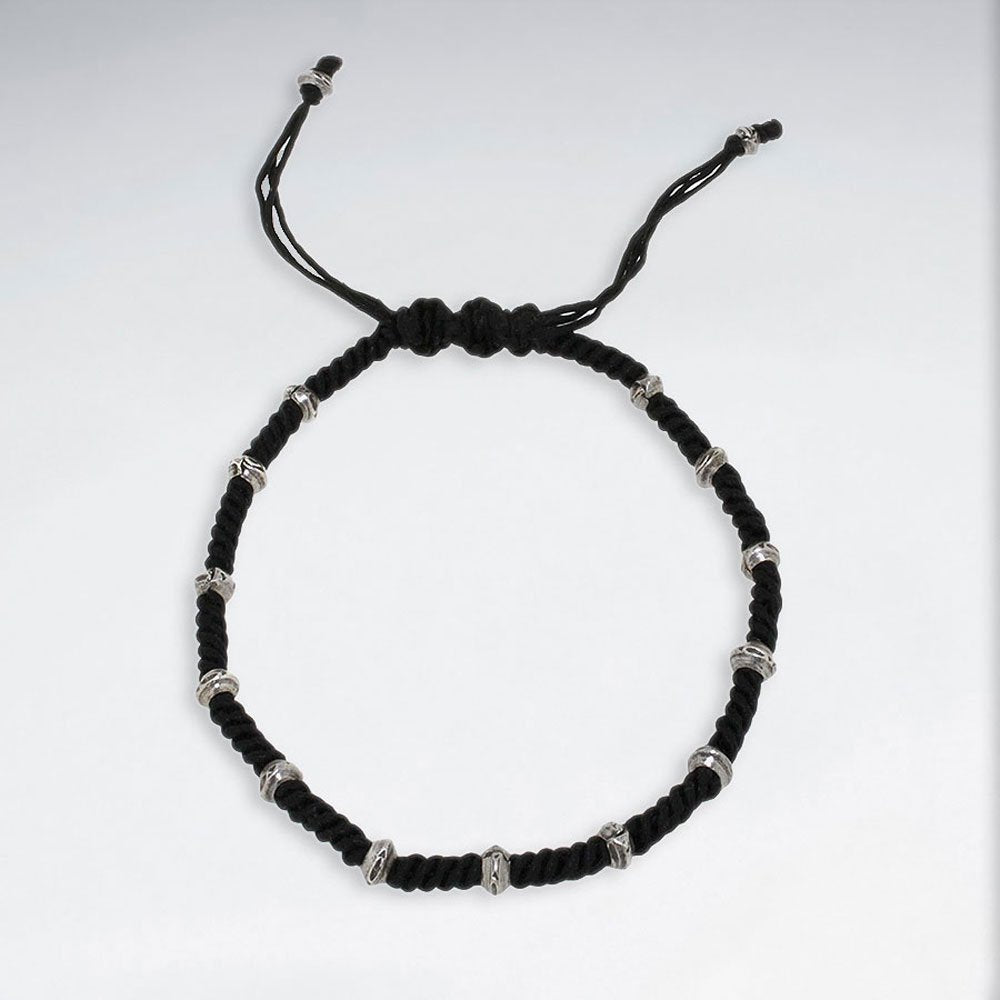 7" Adjustable Black Macrame Waxed Cotton Bracelet With Antique Handmade Silver Beads