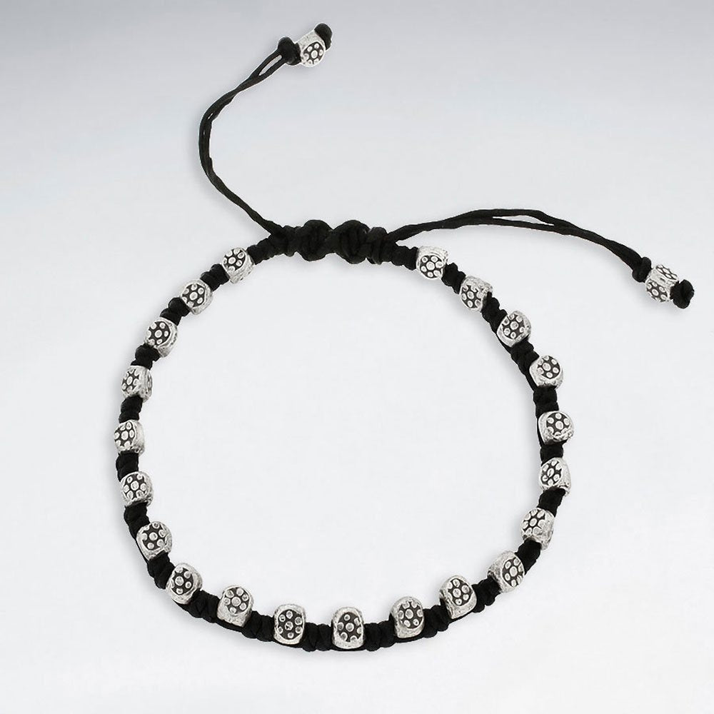 7" Adjustable Black Macrame Waxed Cotton Bracelet With Antique Handmade Silver Beads