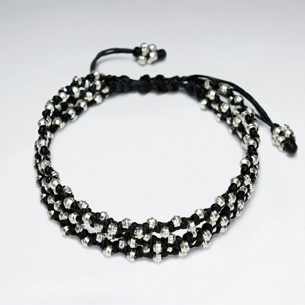 7" Adjustable Triple Strands Black Macrame Waxed Cotton Bracelet With Antique Handmade Silver Beads