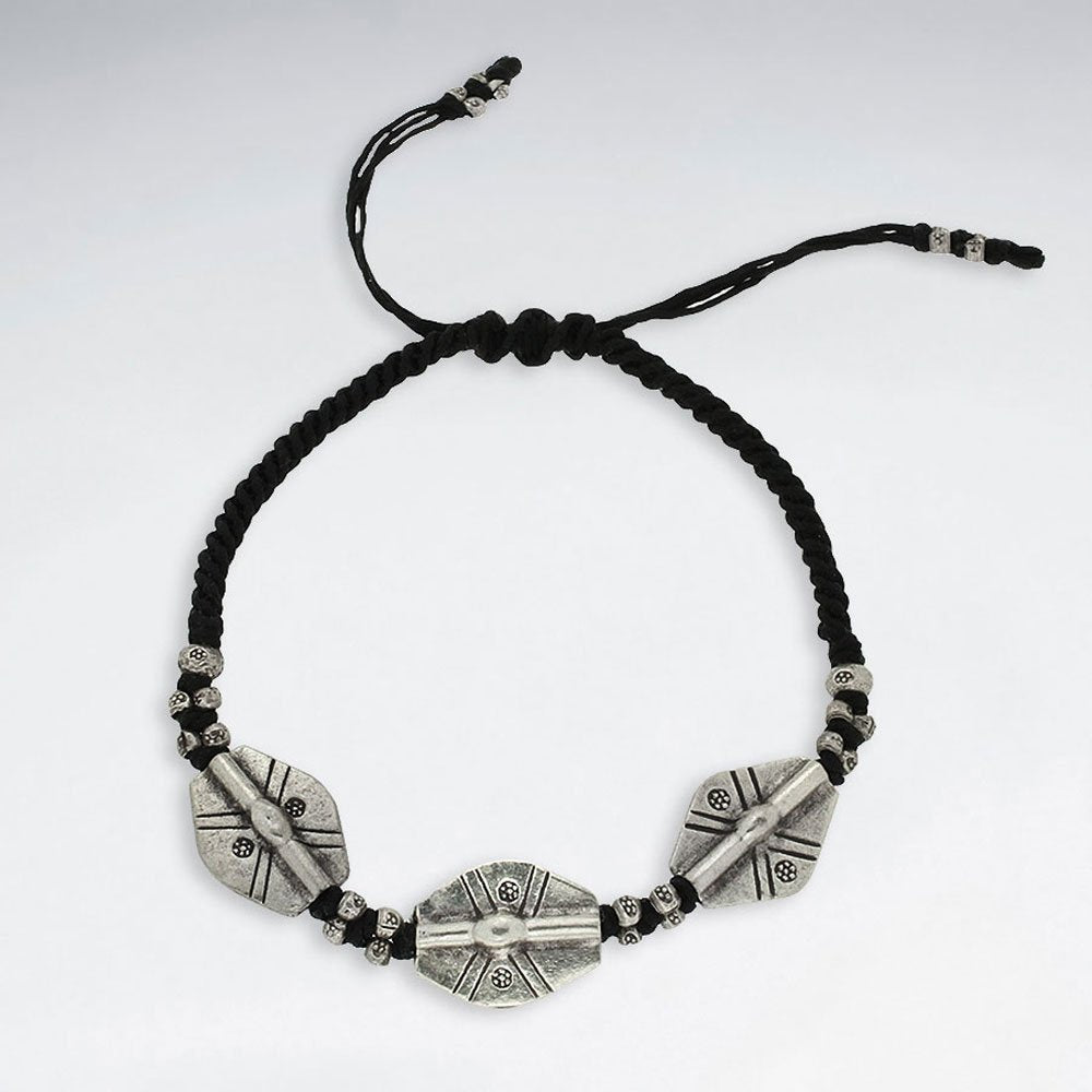 7" Adjustable Black Macrame Waxed Cotton Bracelet With Antique Handmade Silver Oval Beads