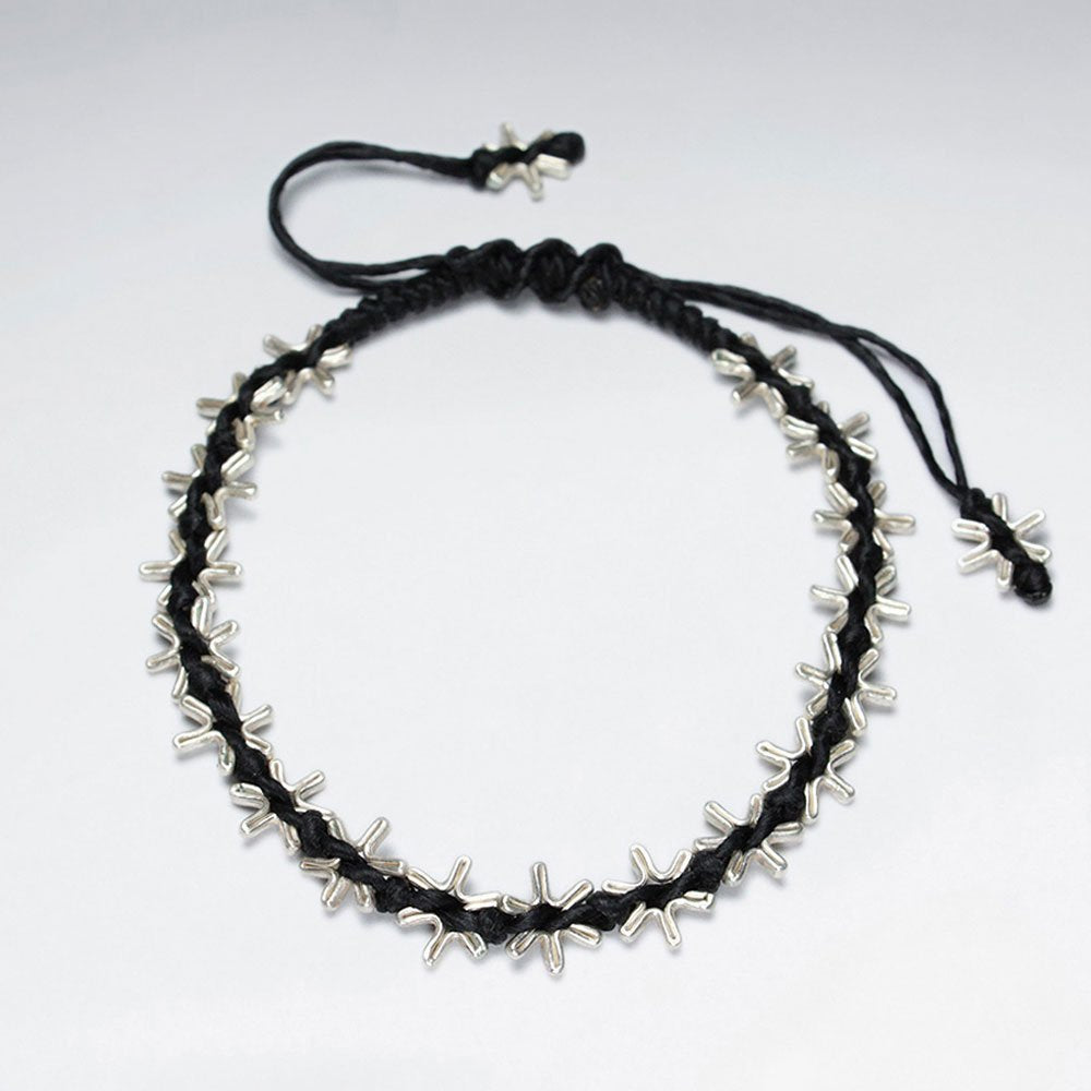 7" Adjustable Black Macrame Waxed Cotton Bracelet With Antique Handmade Silver Beads
