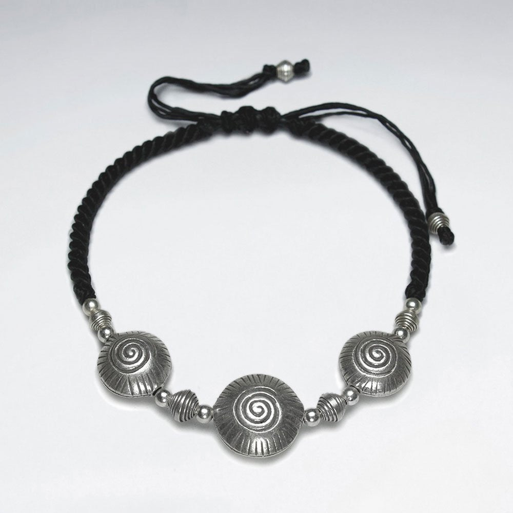 7" Adjustable Black Macrame Waxed Cotton Bracelet With Antique Handmade Silver Shell Shape Texture Beads