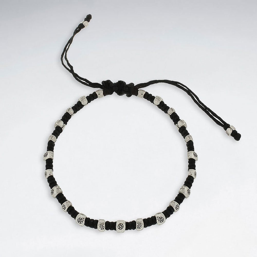 7" Adjustable Black Macrame Waxed Cotton Bracelet With Antique Handmade Silver Tube Beads