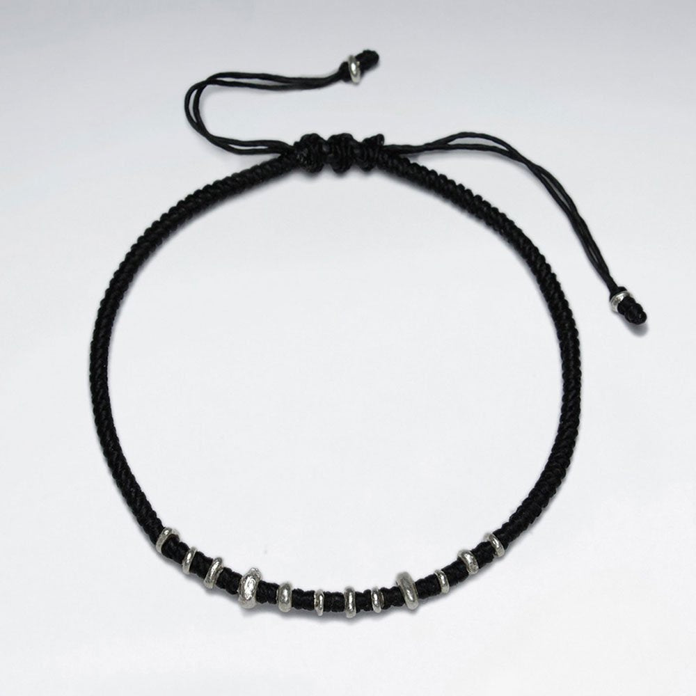 7" Adjustable Black Macrame Waxed Cotton Bracelet With Antique Handmade Silver Beads