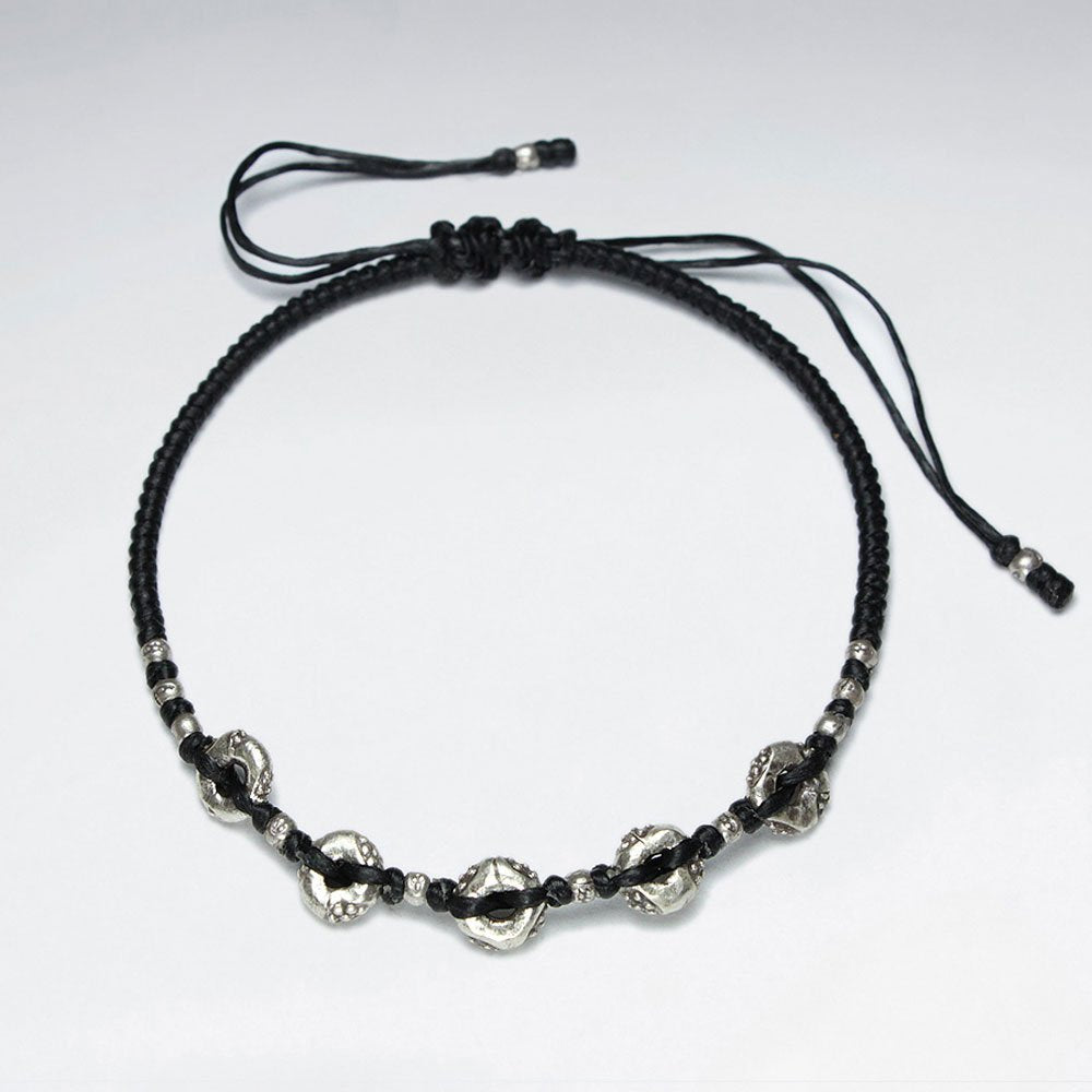 7" Adjustable Black Macrame Waxed Cotton Bracelet With Antique Handmade Silver Donut Beads