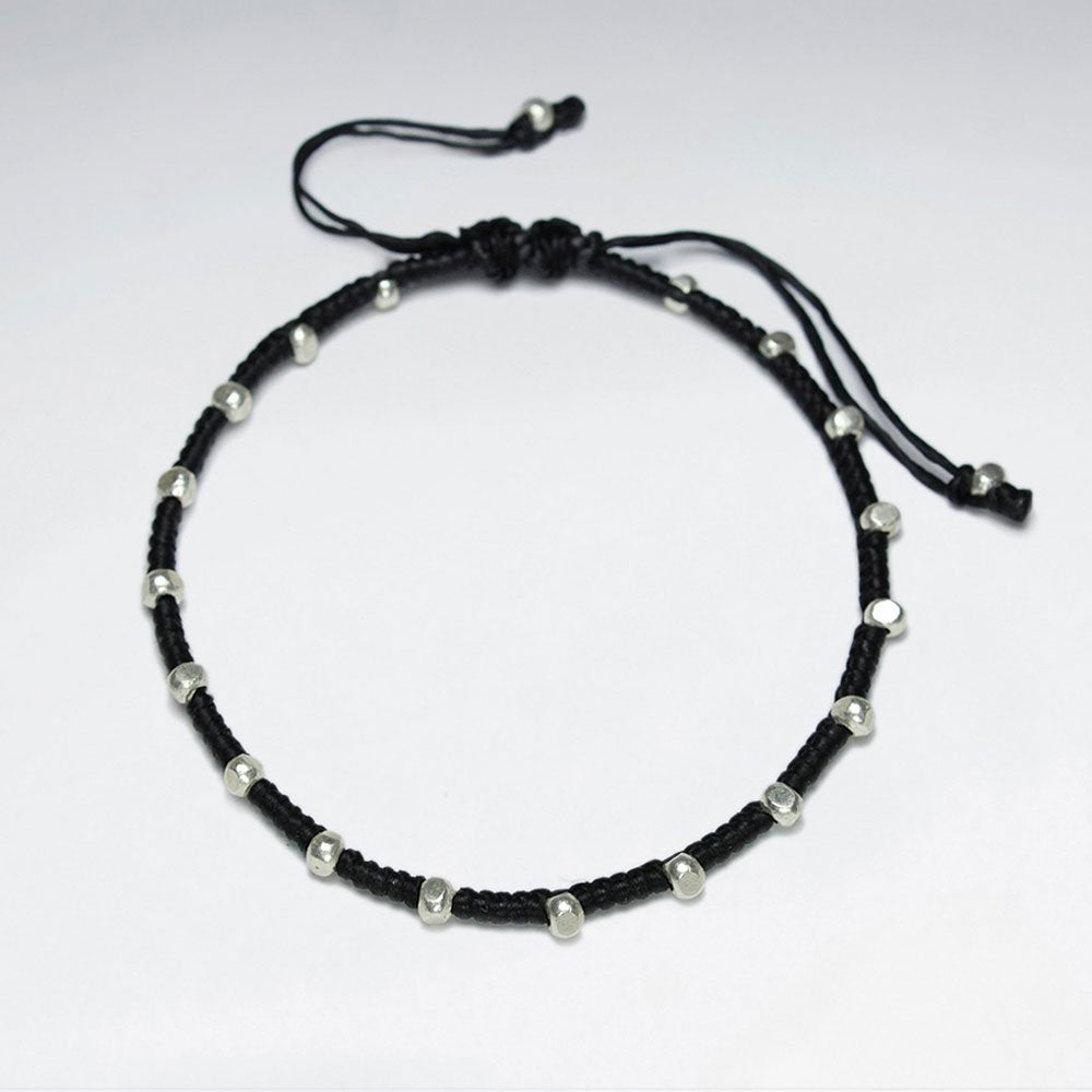 7" Adjustable Black Macrame Waxed Cotton Bracelet With Antique Handmade Silver Beads