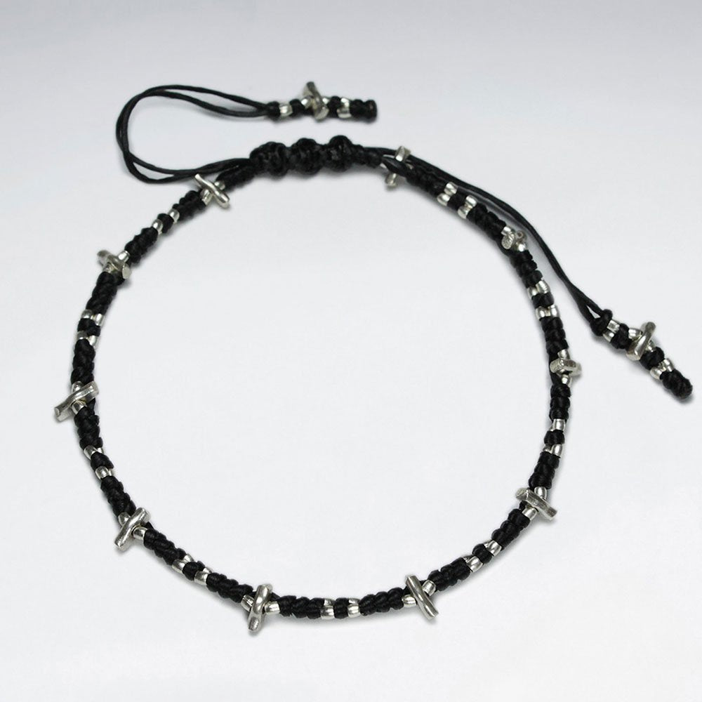 7" Adjustable Black Macrame Waxed Cotton Bracelet With Antique Handmade Silver Beads