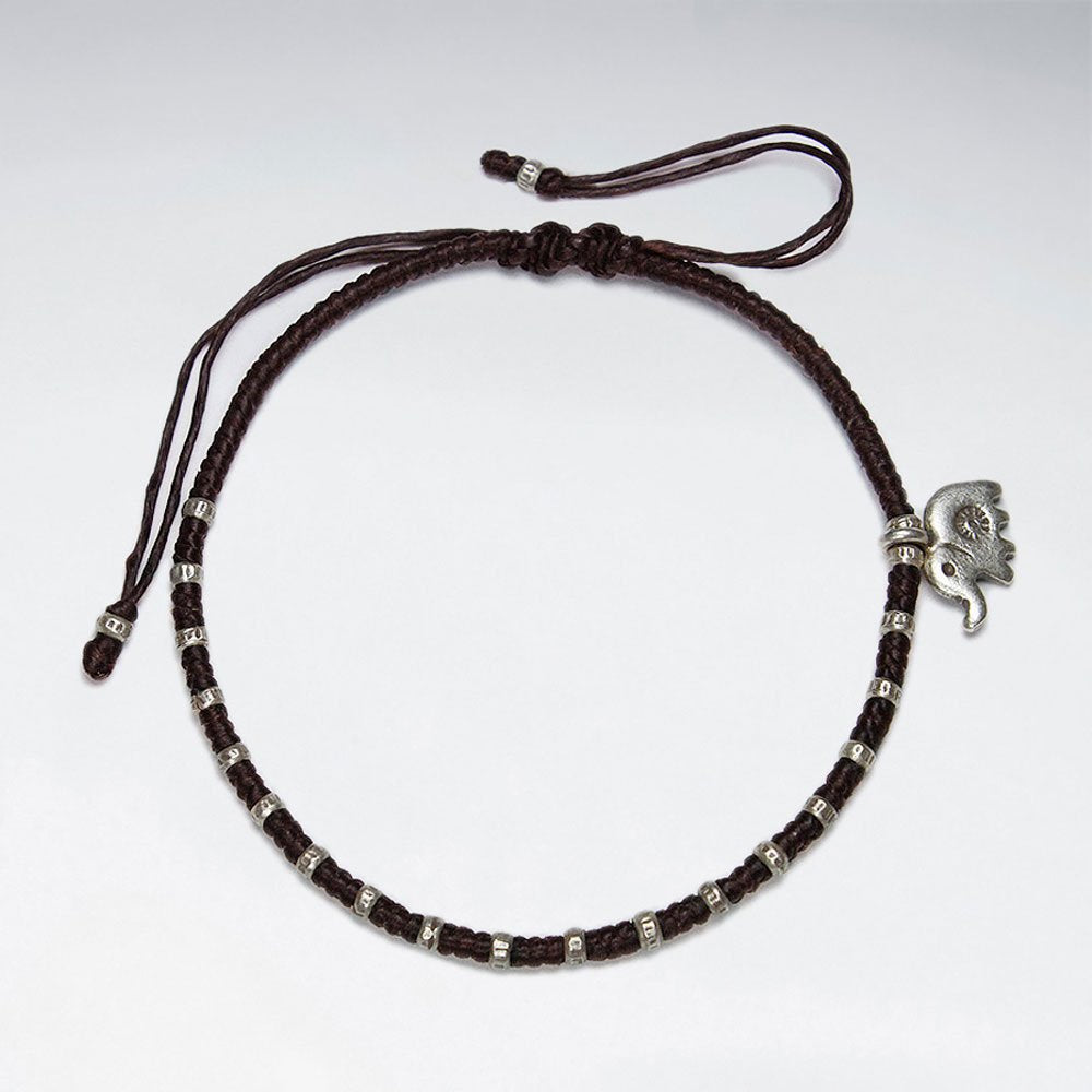 7 '' Adjustable Black Waxed Cotton Macrame Bracelet With Pattern Silver Beads and Elephant Accent Charm