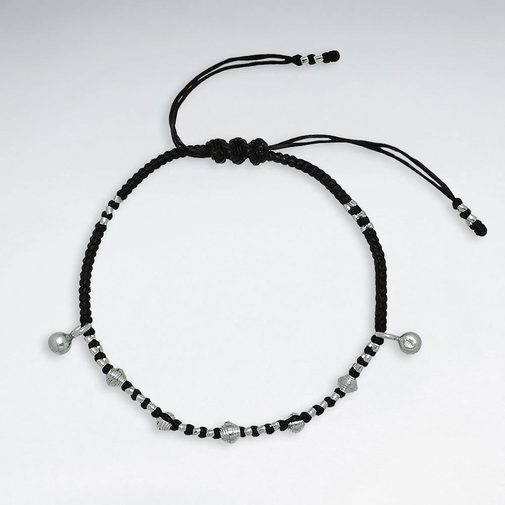 7" Adjustable Black Macrame Waxed Cotton Bracelet With Antique Handmade Silver Beads