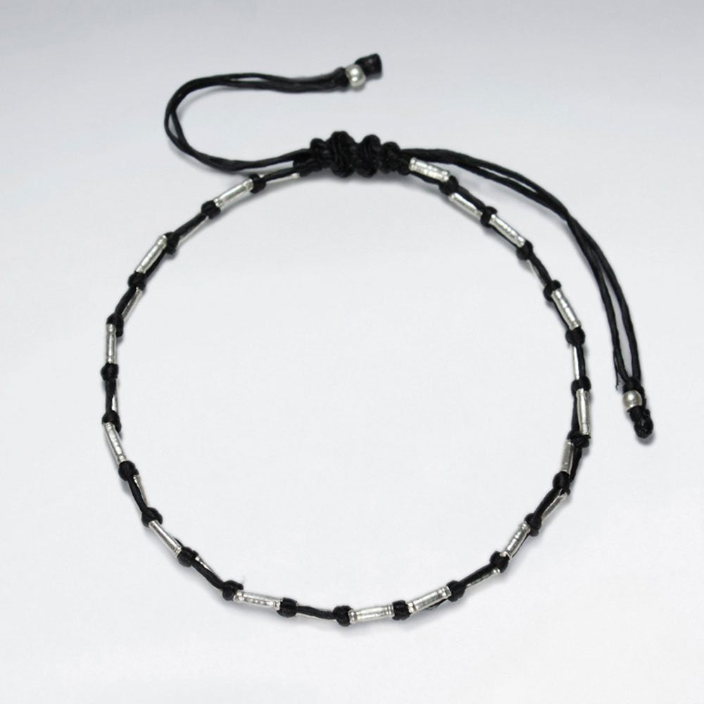 7" Adjustable Black Macrame Waxed Cotton Bracelet With Antique Handmade Silver Beads
