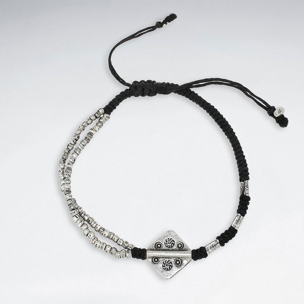7" Adjustable Black Macrame Waxed Cotton Bracelet With Antique Handmade Silver Square Charm