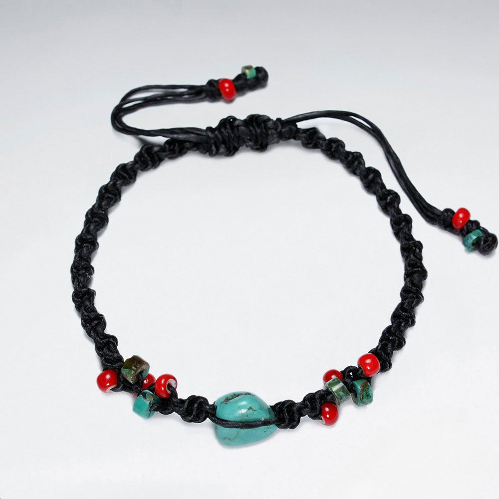 7" Adjustable Black Macrame Waxed Cotton Bracelet WithRed Glass Bead And Turquoise