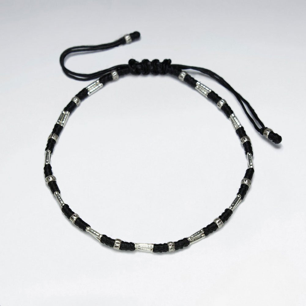 7" Adjustable Black Macrame Waxed Cotton Bracelet With Antique Handmade Silver Silver Tube