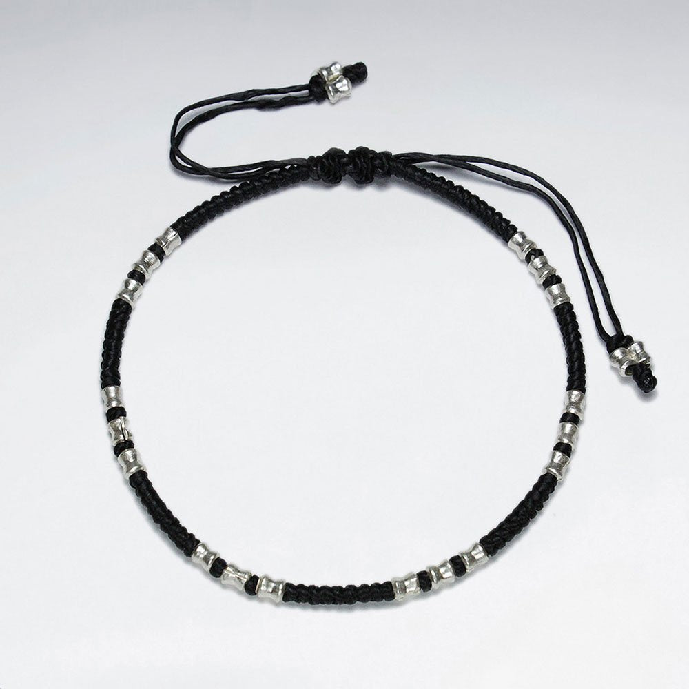 7" Adjustable Black Macrame Waxed Cotton Bracelet With Antique Handmade Silver Triple Silver Tube