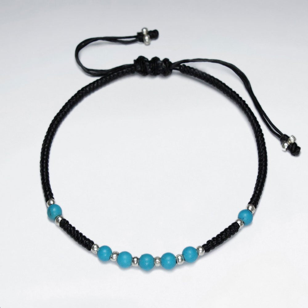7" Adjustable Black Macrame Waxed Cotton Bracelet With Antique Handmade Silver Beads