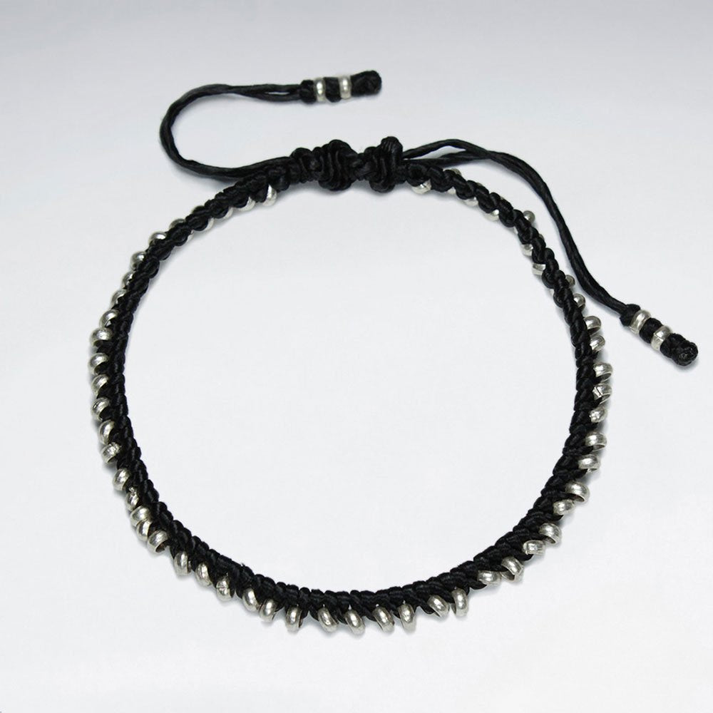 7" Adjustable Black Macrame Waxed Cotton Bracelet With Antique Handmade Silver Beads