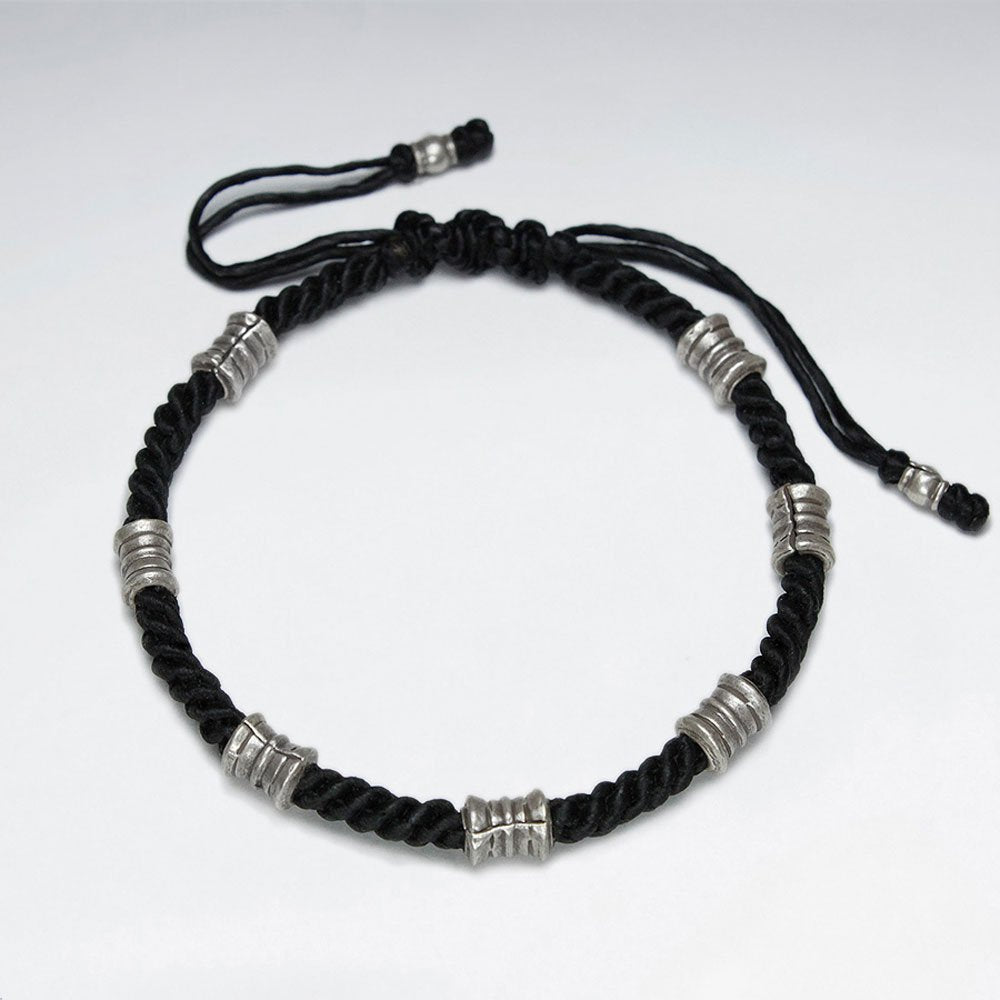 7" Adjustable Black Macrame Waxed Cotton Bracelet With Antique Handmade Silver Tube Beads
