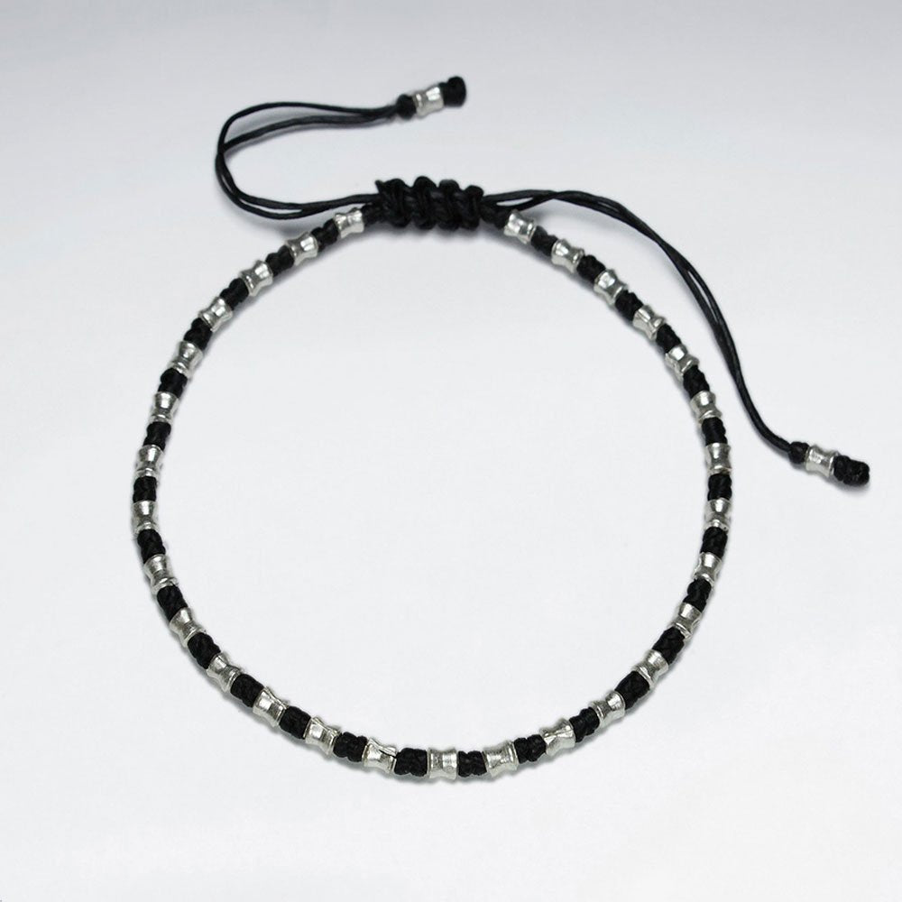 7" Adjustable Black Macrame Waxed Cotton Bracelet With Antique Handmade Silver Tube Beads