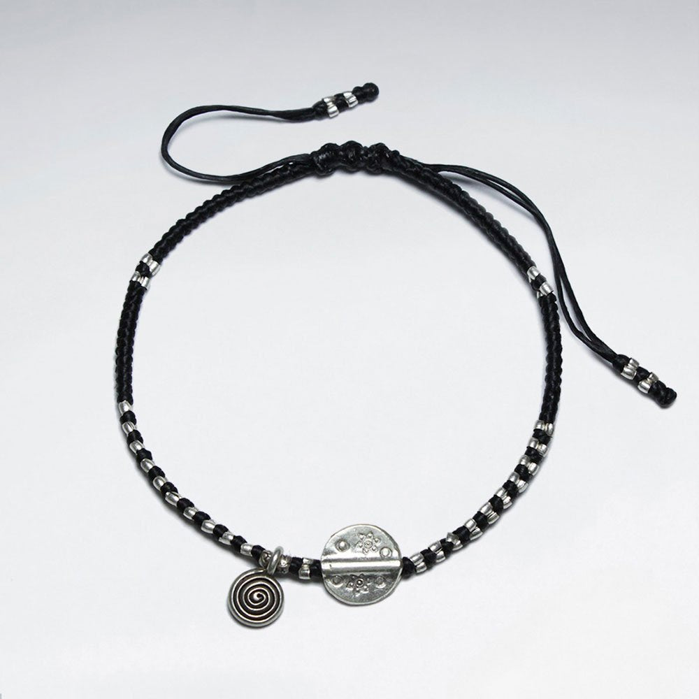 7" Adjustable Black Macrame Waxed Cotton Bracelet With Antique Handmade Silver Disk Beads