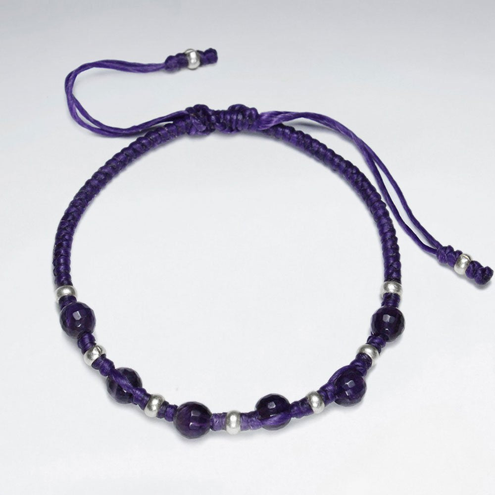 7" Adjustable Purple Macrame Waxed Cotton Bracelet With Antique Handmade Silver Bead And Round Amethyst