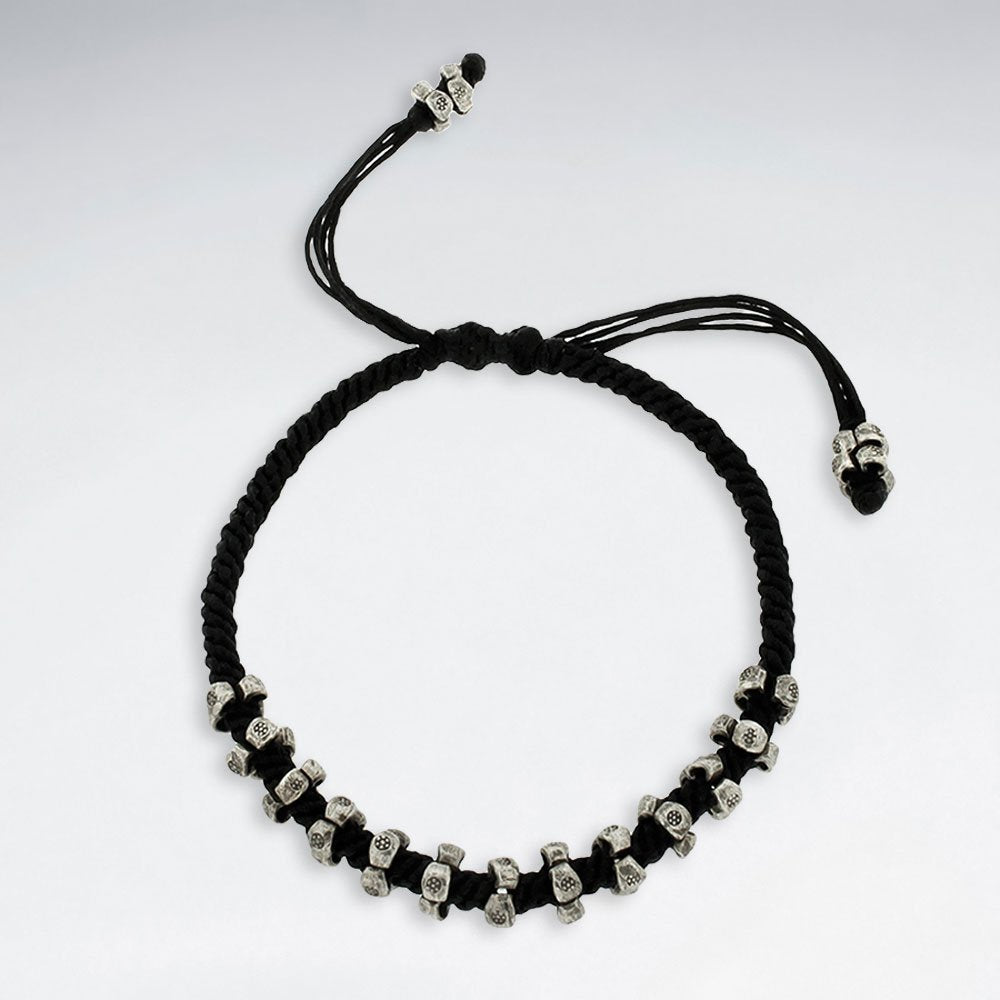 7" Adjustable Black Macrame Waxed Cotton Bracelet With Antique Handmade Silver Beads