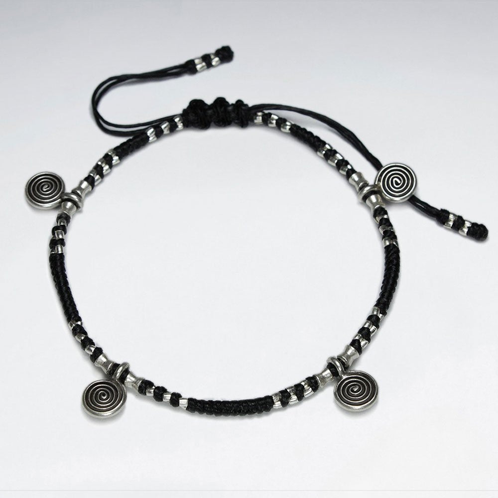 7" Adjustable Black Macrame Waxed Cotton Bracelet With Antique Handmade Silver Spiral Charm
