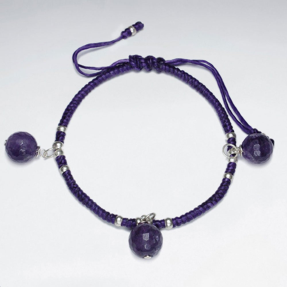 7" Adjustable Purple Macrame Waxed Cotton Bracelet With Antique Handmade Silver Bead and Dangling Amethyst Ball