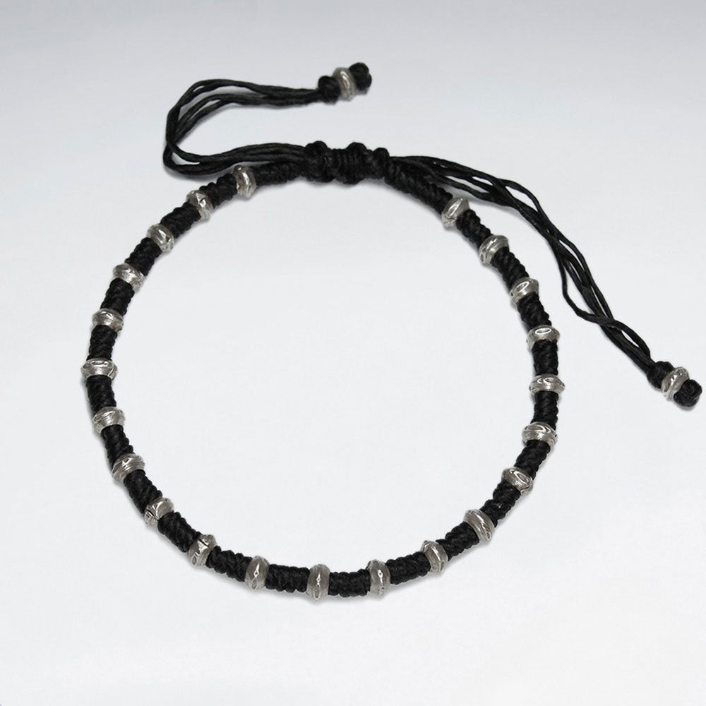 7" Adjustable Black Macrame Waxed Cotton Bracelet With Antique Handmade Silver Bead