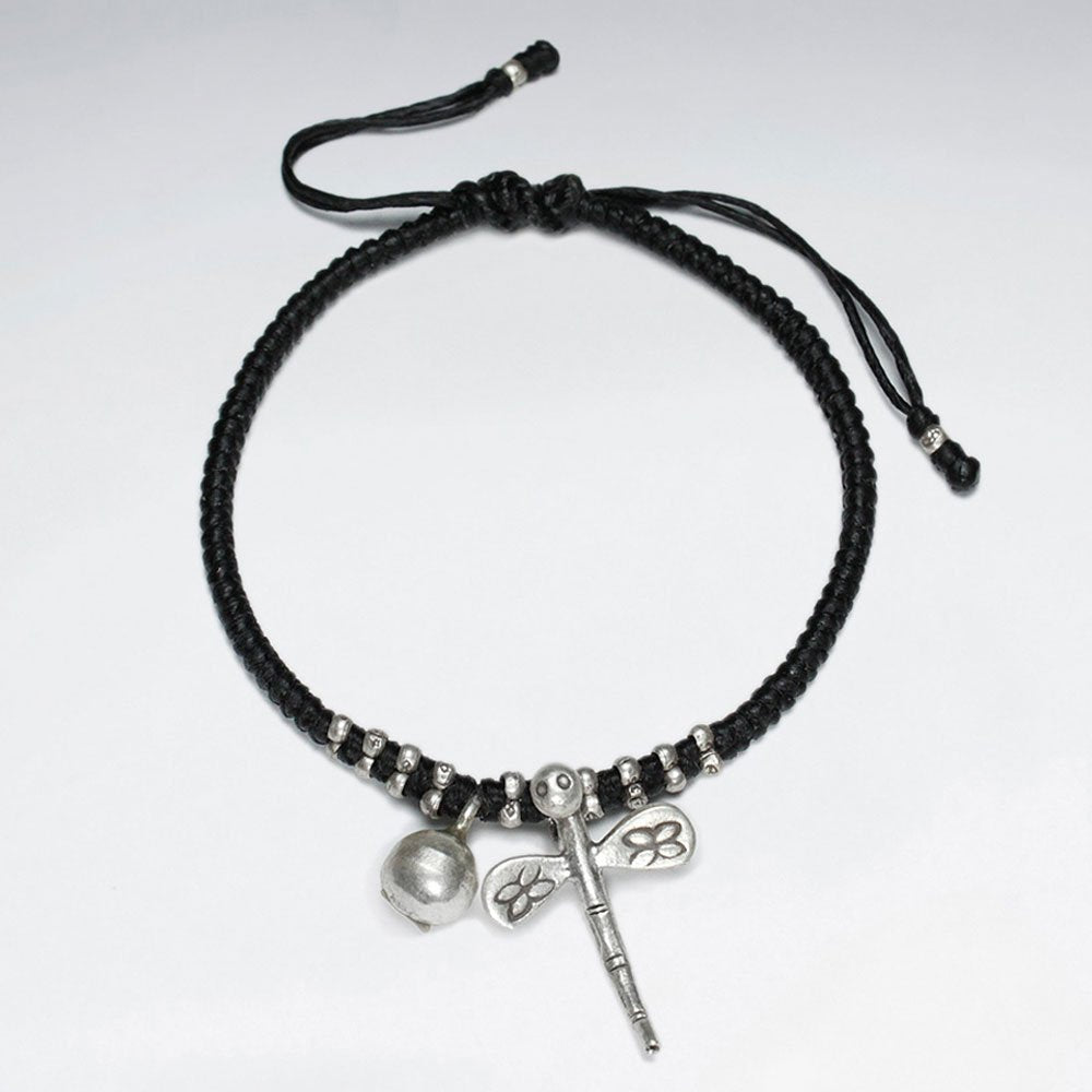 7" Adjustable Black Macrame Waxed Cotton Bracelet With Antique Handmade Silver Dragonfly  Charm