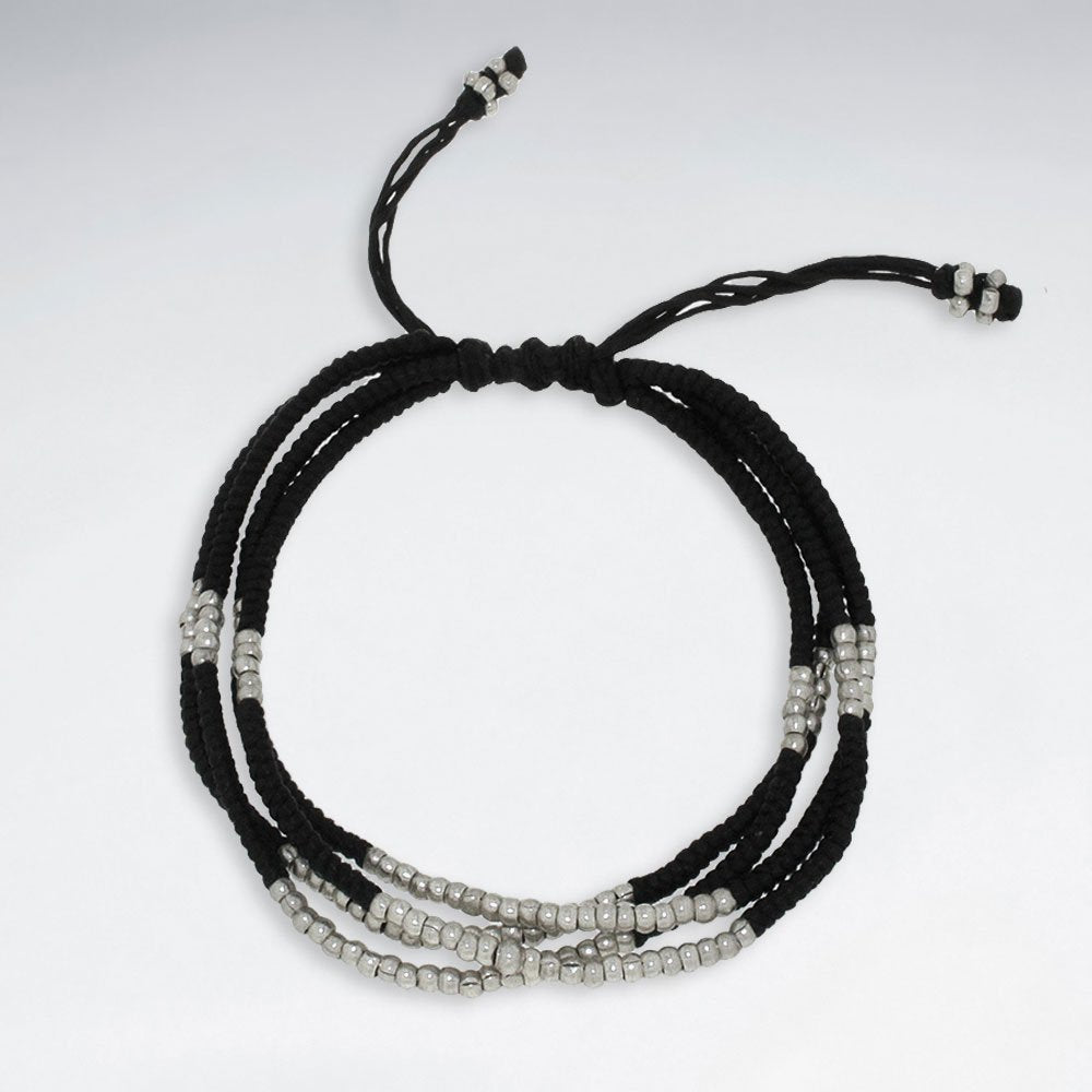 7" Adjustable Multi Strands Black Macrame Waxed Cotton Bracelet With Antique Handmade Silver Beads