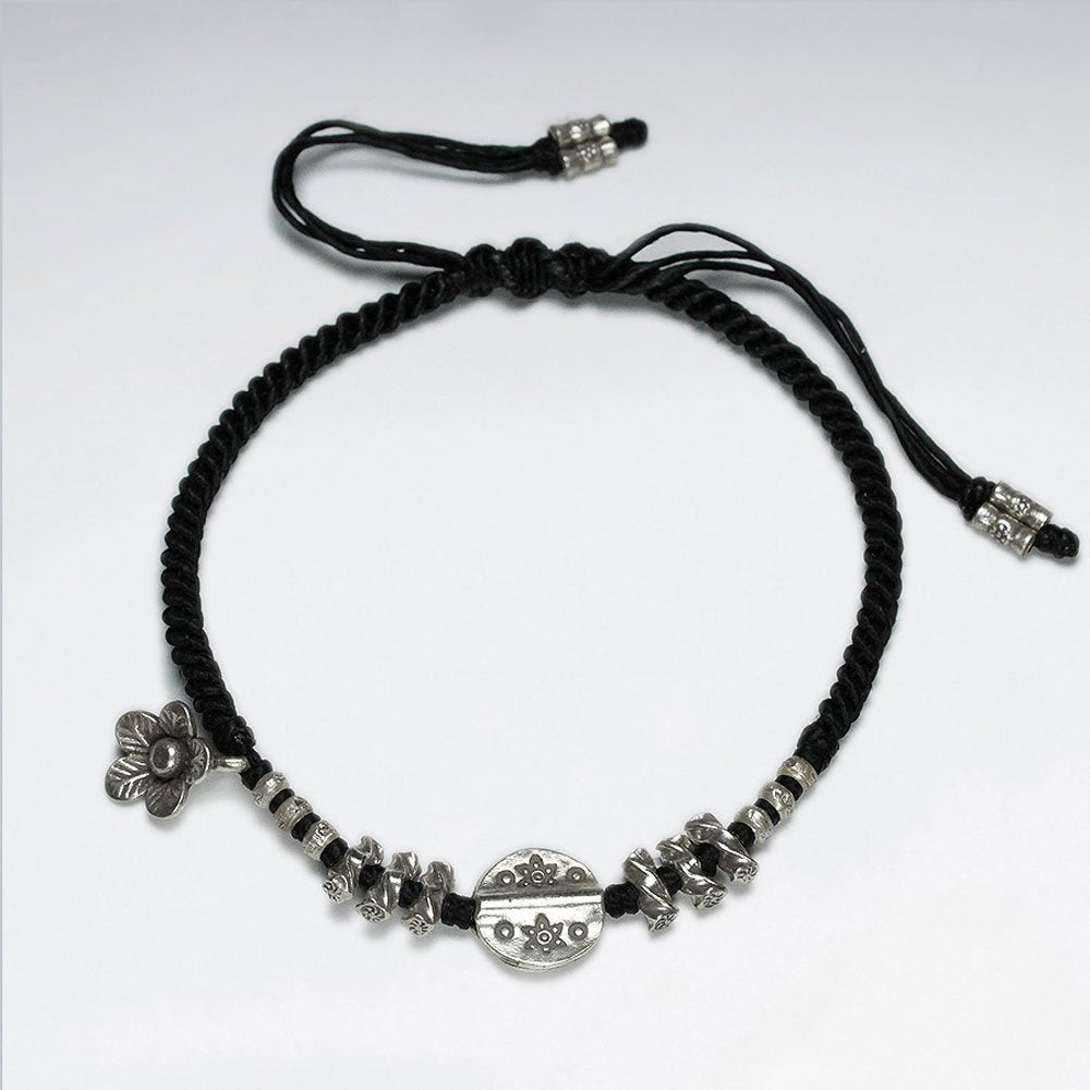 7" Adjustable Black Macrame Waxed Cotton Bracelet With Antique Handmade Silver Beads