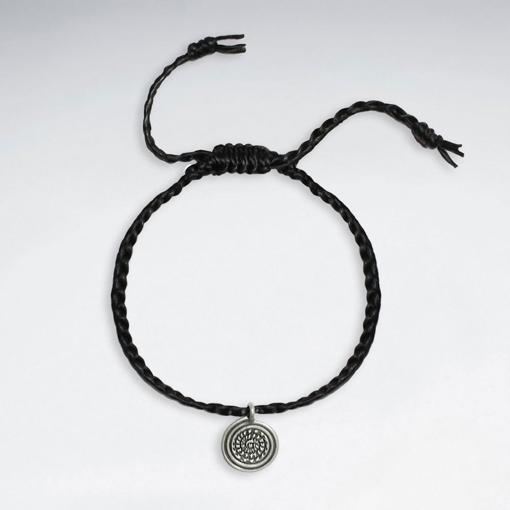7" Adjustable Black Macrame Waxed Cotton Bracelet With Antique Handmade Silver Spiral Charm