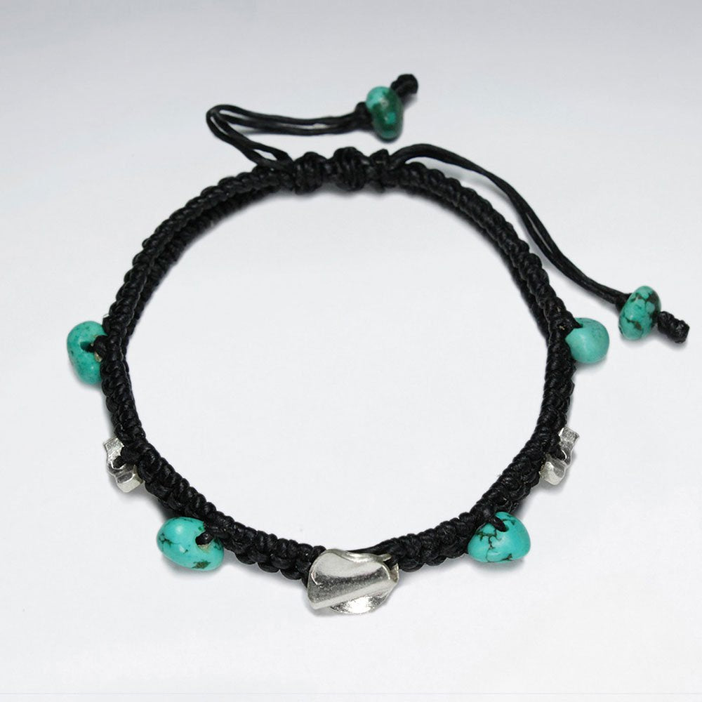 7" Adjustable Black Macrame Waxed Cotton Bracelet With Antique Handmade Silver Beads And Turquoise